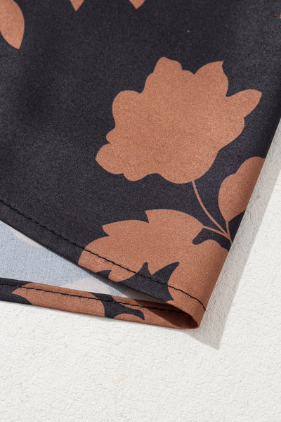 Chestnut Floral Print Frill Neck Bubble Sleeve Blouse