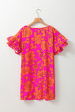 Neon Pink and Orange Floral Ruffle Sleeve Mini Dress