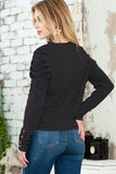 Black Button Cuff Puff Long Sleeve Sheath Top