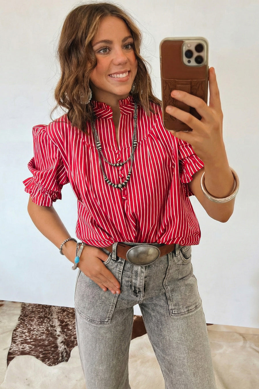 Striped Frill Neck Ruffled Short Puff Sleeve Button-Up Blouse- 2 Colors