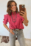 Striped Frill Neck Ruffled Short Puff Sleeve Button-Up Blouse- 2 Colors