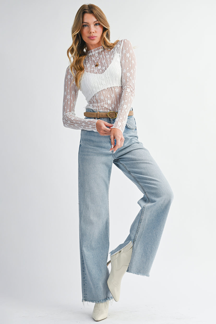 Floral Lace Sheer Long Sleeve Slim Fit Top- 3 Colors