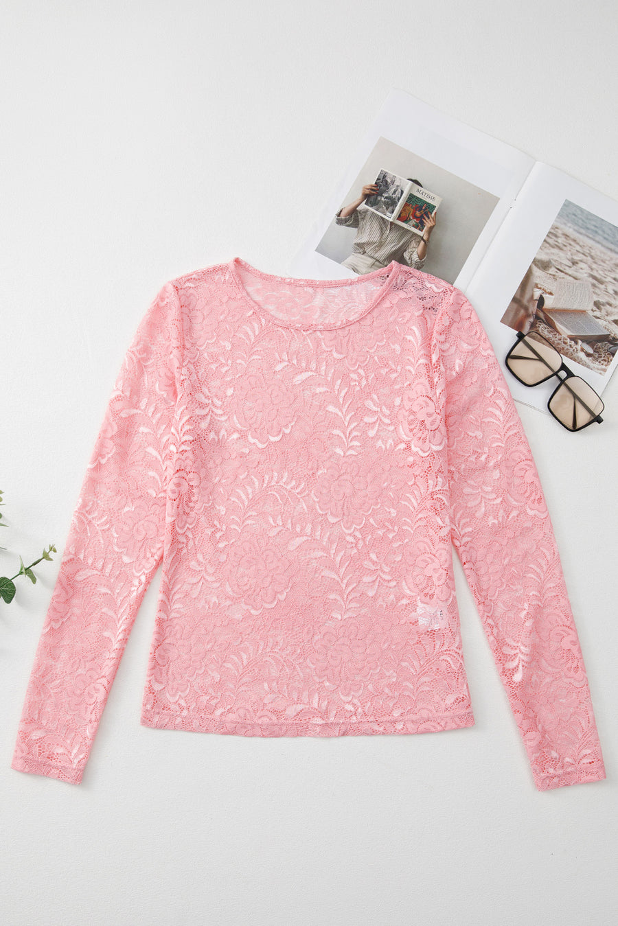 Pink Floral Lace Sheer Long Sleeve Blouse