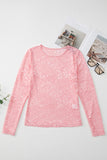 Pink Floral Lace Sheer Long Sleeve Blouse