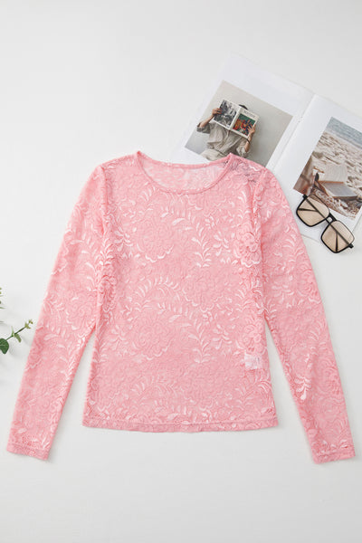 Pink Floral Lace Sheer Long Sleeve Blouse