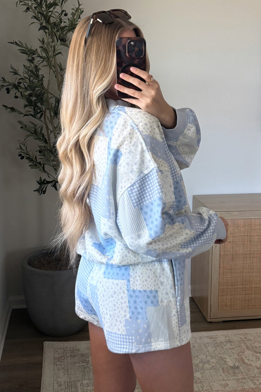 Sky Blue Patchwork Floral Print Long Sleeve Two Piece Set Casual Loose Fit Pantsuit