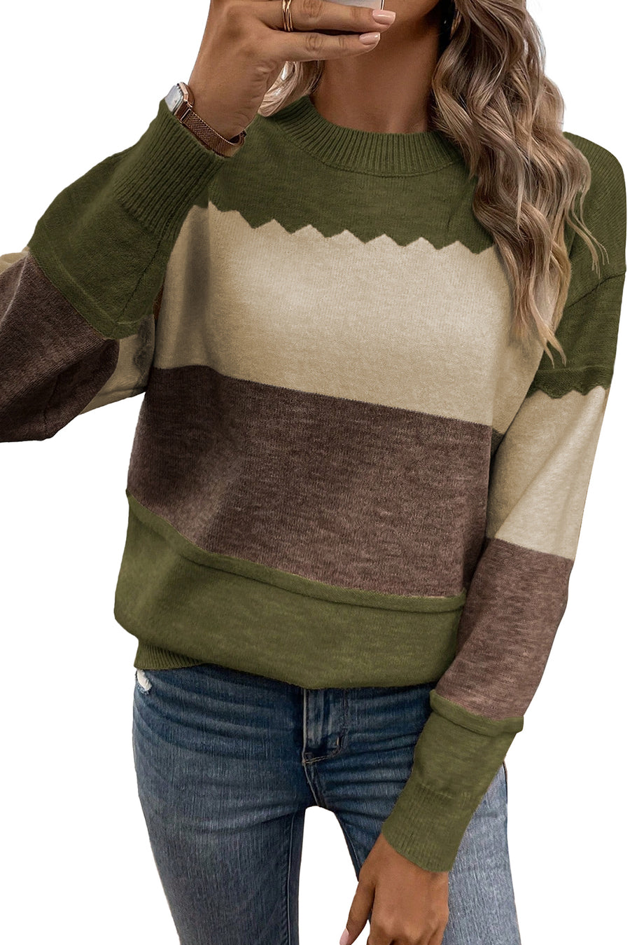 Color Block Crew Neck Drop Shoulder Scallop Detail Sweater- 3 Colors