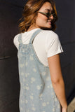 Sky Blue Retro Wash Denim Floral Print Overall Mini Dress