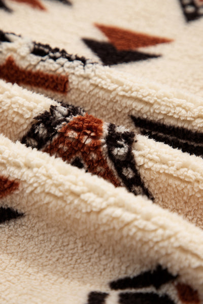 Beige Vintage Geometric Half Zip Plush Sweatshirt