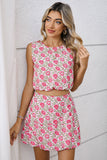 Pink Boho Floral Print Cropped Top Mini Skirt Set