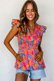 Neon Pink Floral Frill V-Neck Smocked Peplum Blouse