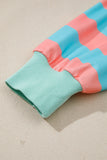 Coral & Turquoise Striped Drop Shoulder Button Collar Side Slit Long Sleeve Shirt
