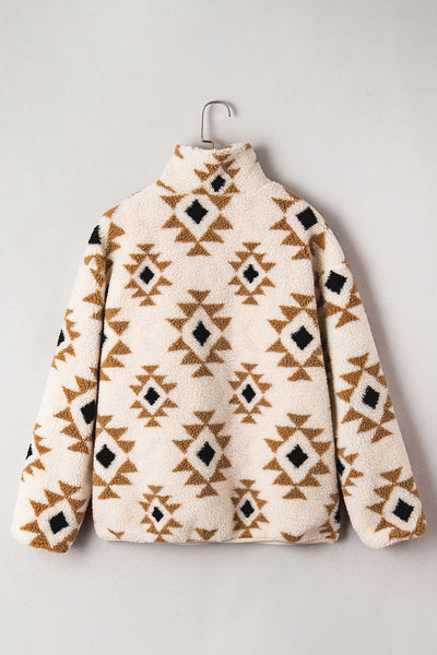 Khaki Geometric Print Sherpa Quarter Zip Collar Sweatshirt