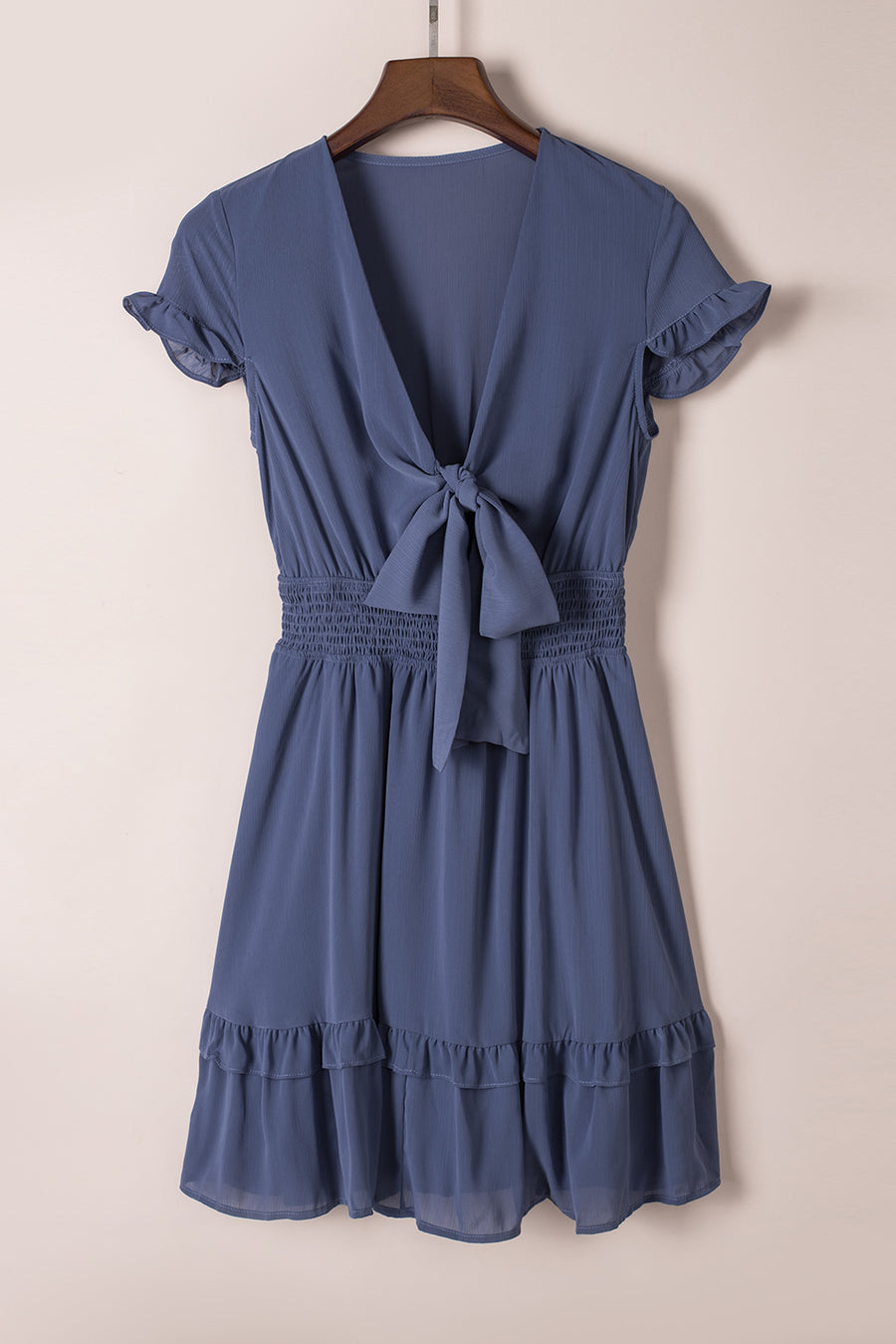 Slate Blue Deep V-Neck Tie Front Bow Layered Flare Mini Dress