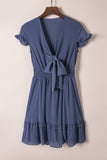 Slate Blue Deep V-Neck Tie Front Bow Layered Flare Mini Dress