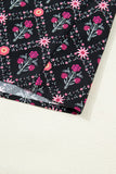 Black Floral Contrast Trim V-Neck Lantern Sleeve Blouse