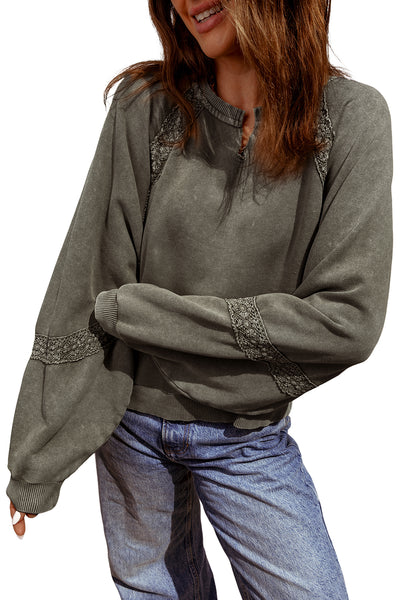 Rose Red Lace Applique Notched Neck Mineral Wash Baggy Sweatshirt