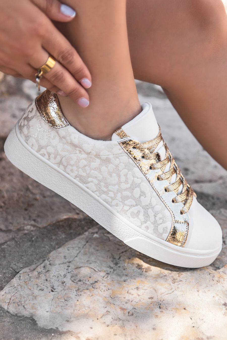White & Gold Leopard Print Sneakers