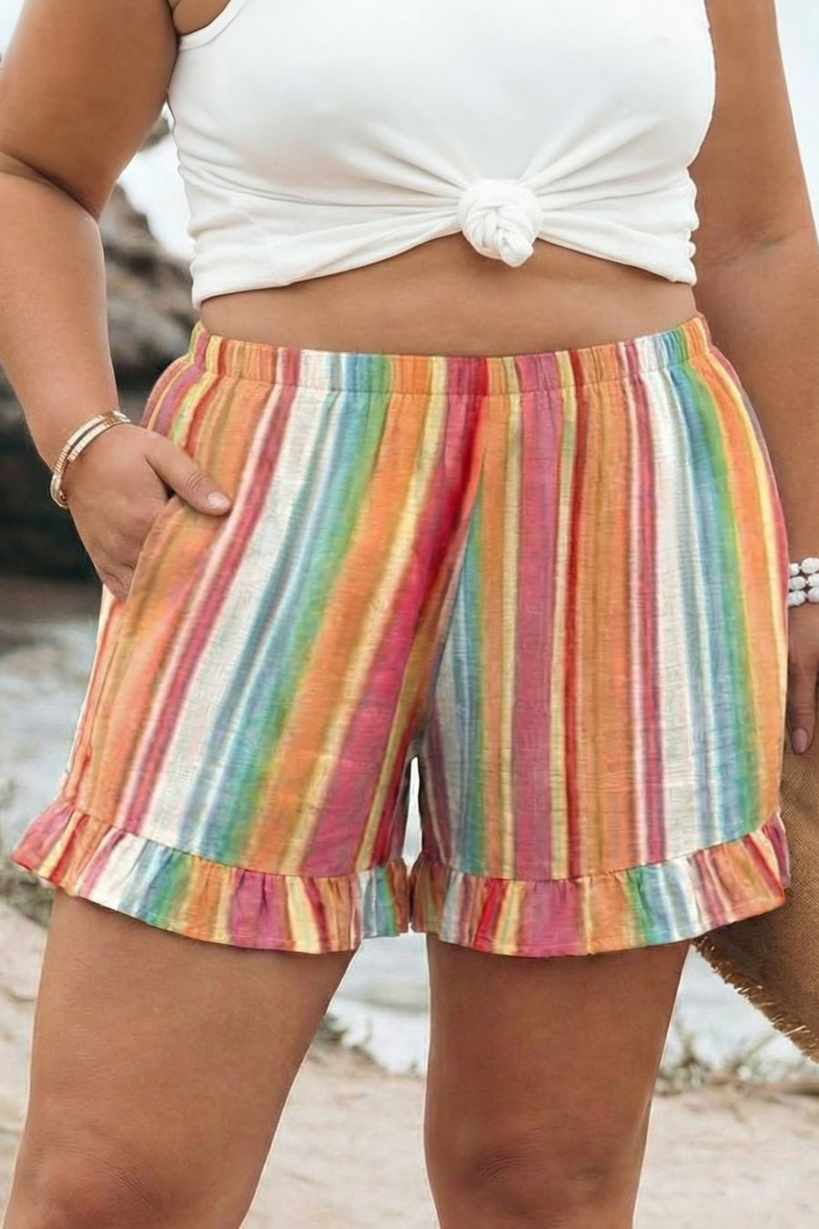 Plus Size Rainbow Striped Elastic Waist Ruffle Hem Shorts