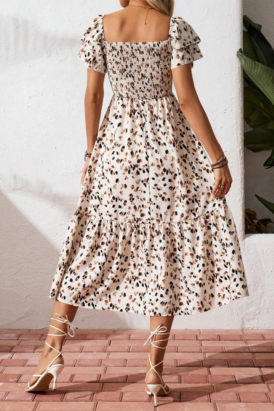 Floral Print Smocked Ruffle Sleeves Dress B