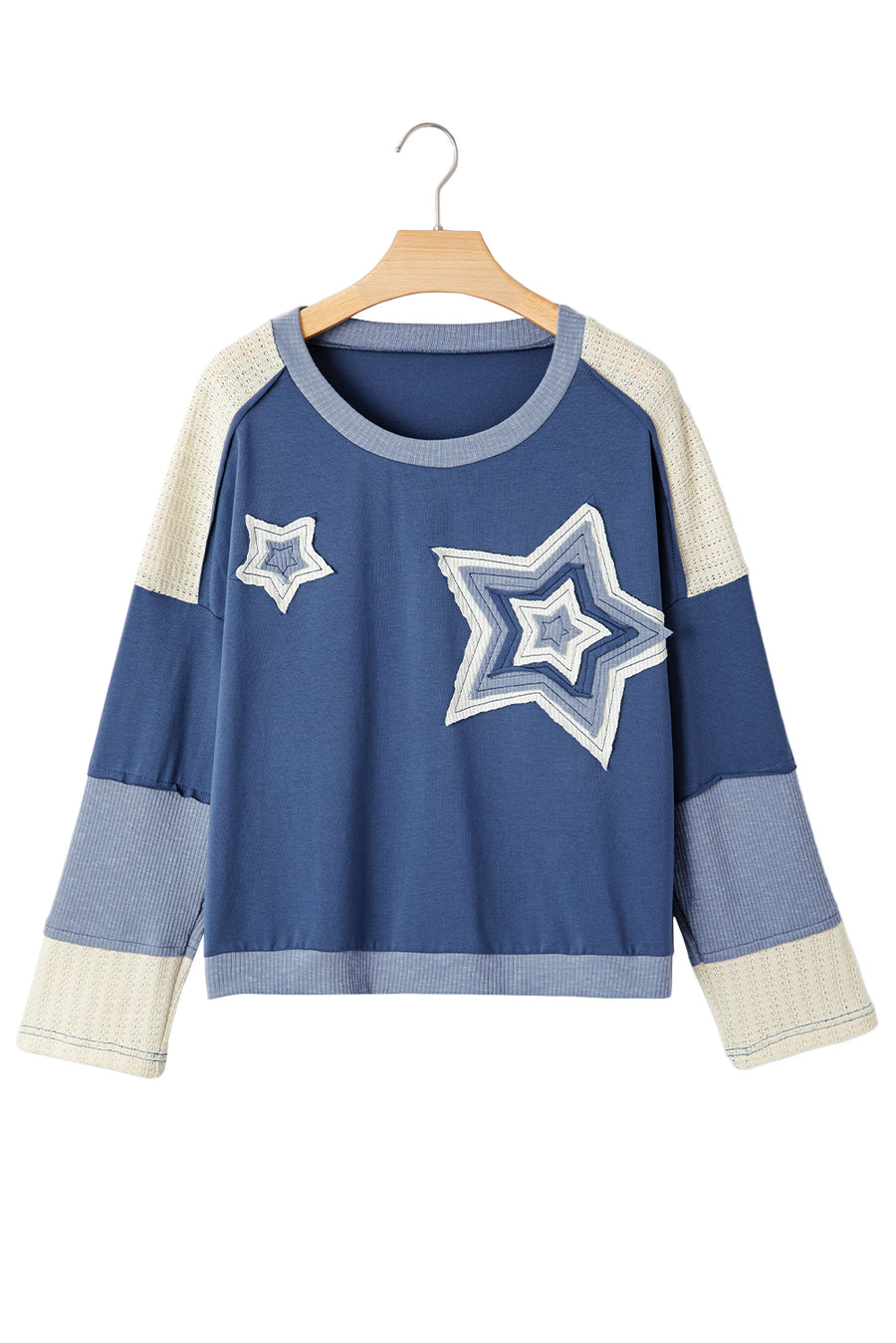 Blue & Cream Knit Color Block Patchwork Star Patch Sweatshirt