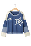 Blue & Cream Knit Color Block Patchwork Star Patch Sweatshirt