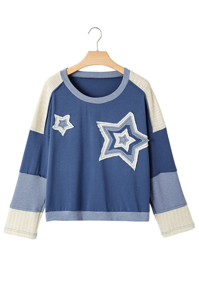 Dark Blue Knitted Colorblock Patchwork Star Patched Long Sleeve Top
