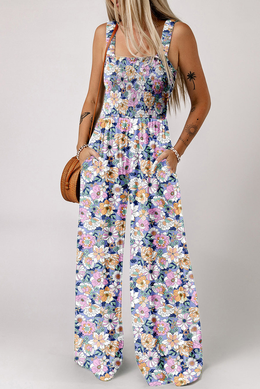 Floral Square Neck Stretch High-Waist Jumpsuit- 3 Colors