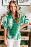 Green Striped Collared V-Neck Short Puff Sleeve Top