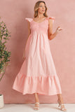 V-Neck Flutter Sleeve Smocked Bodice High Waist Ruffle Maxi Dress with Pockets- 2 Colors