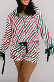 Green Striped Velvet Ribbon Trim Pajama Set