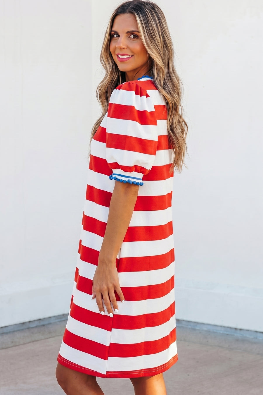 Striped Contrast Trim Crew Neck Short Puff Sleeve Shift Mini Dress- 2 Colors