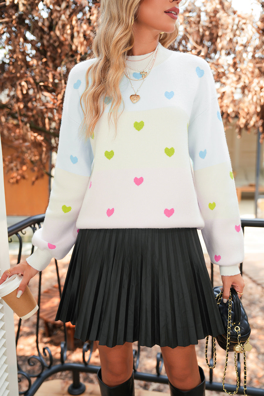 Multicolored Hearts Color Block High Neck Sweater
