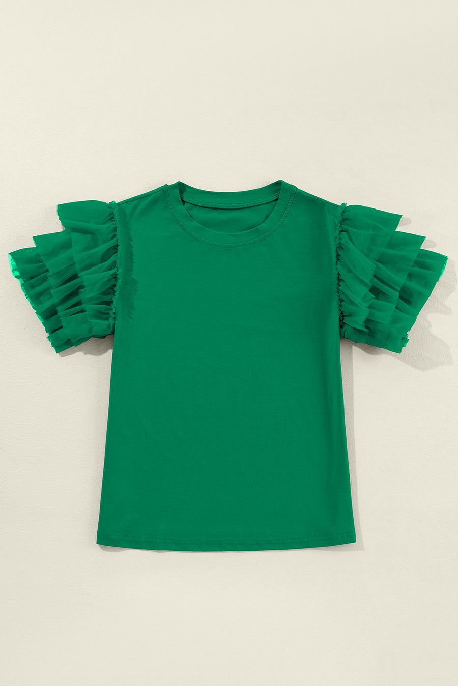 Green Crew Neck Ruffled Tulle Short Sleeve Blouse