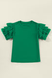 Green Crew Neck Ruffled Tulle Short Sleeve Blouse