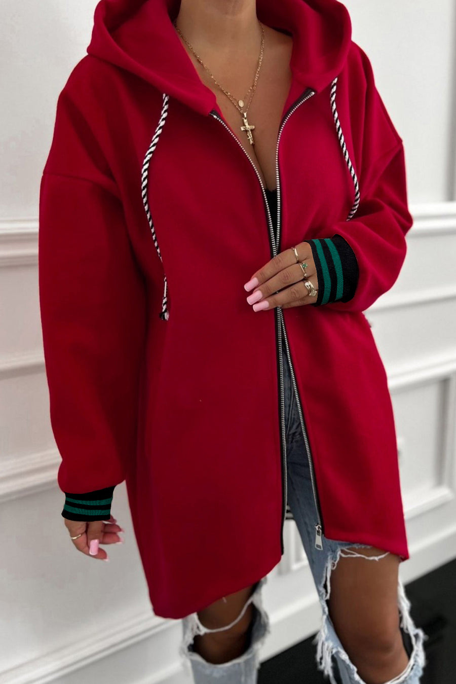 Contrast Cuff Drop Shoulder Zip-Up Tunic Hoodie- 3 Colors