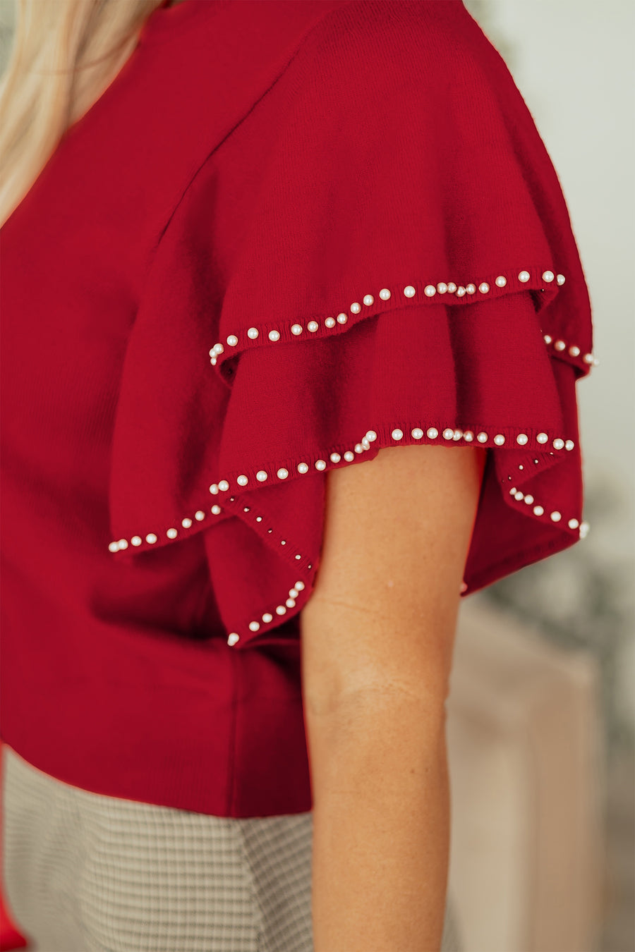 Red Pearl Embellished Double Ruffle Short Sleeve Sweater