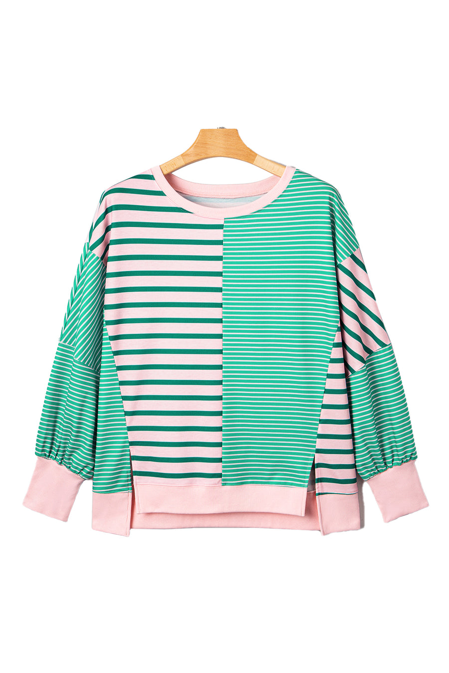 Plus Size Green & Pink Striped Color Block Patchwork Side Slit Sweatshirt