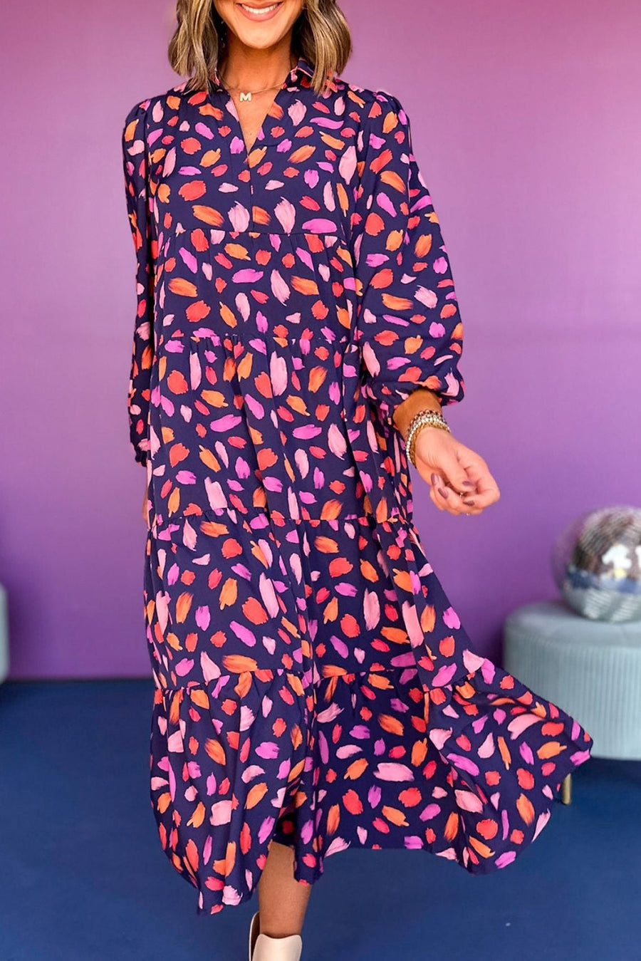 Purple and Orange Multi Floral Print Collared Tiered Flowy Long Sleeve Maxi Dress- 2 Colors