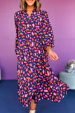 Purple and Orange Multi Floral Print Collared Tiered Flowy Long Sleeve Maxi Dress- 2 Colors