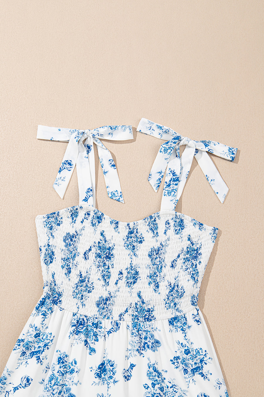 Blue Multi and White Floral Print Smocked Tie Strap Sleeveless Midi Dress