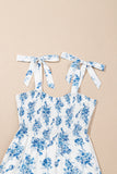 Blue Multi and White Floral Print Smocked Tie Strap Sleeveless Midi Dress