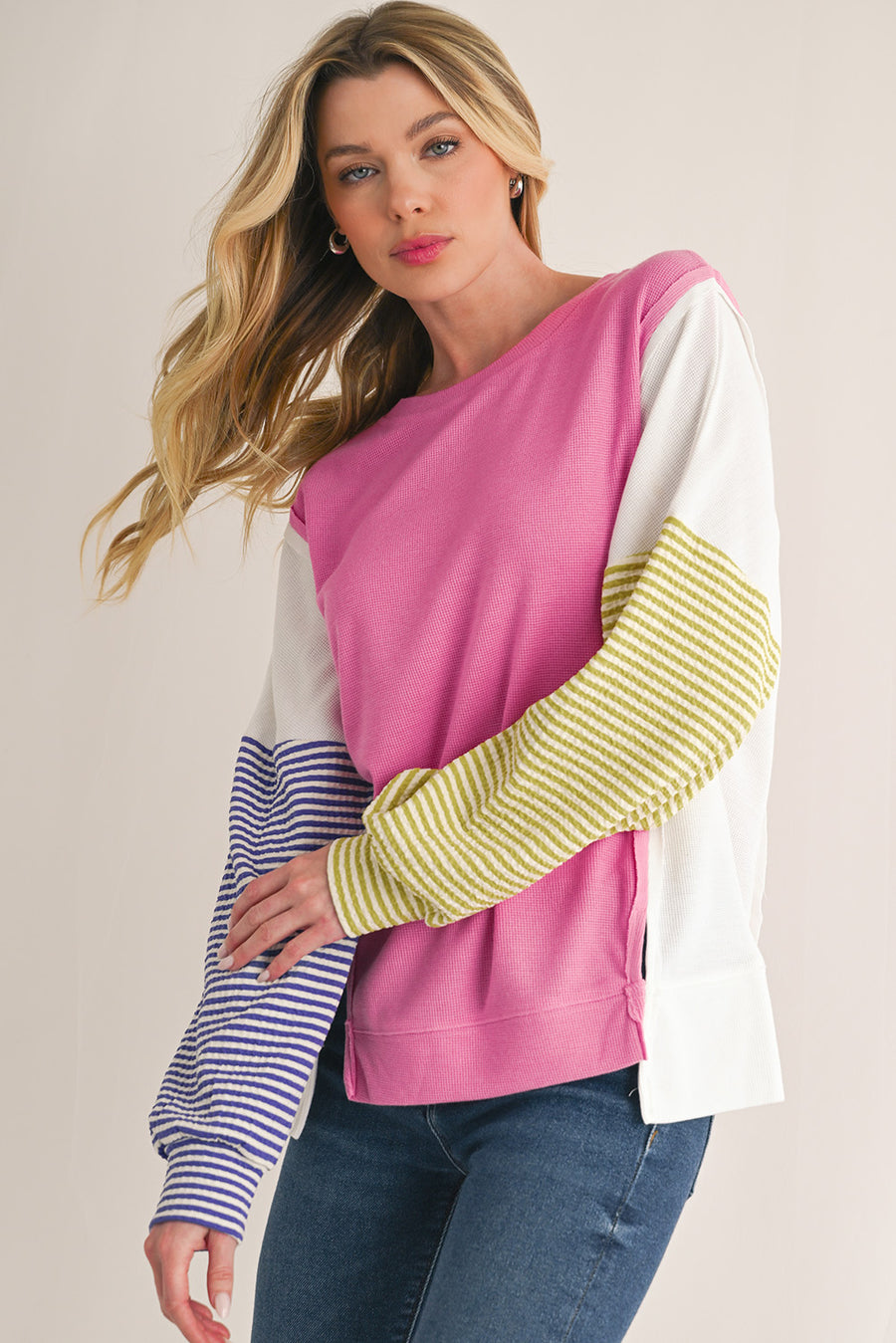 Pink Multi Waffle Patchwork Striped Sleeve Long Sleeve Shirt