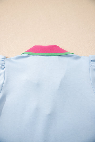 Beau Blue Pop of Color Collared V Neck Ruffle Sleeve Blouse