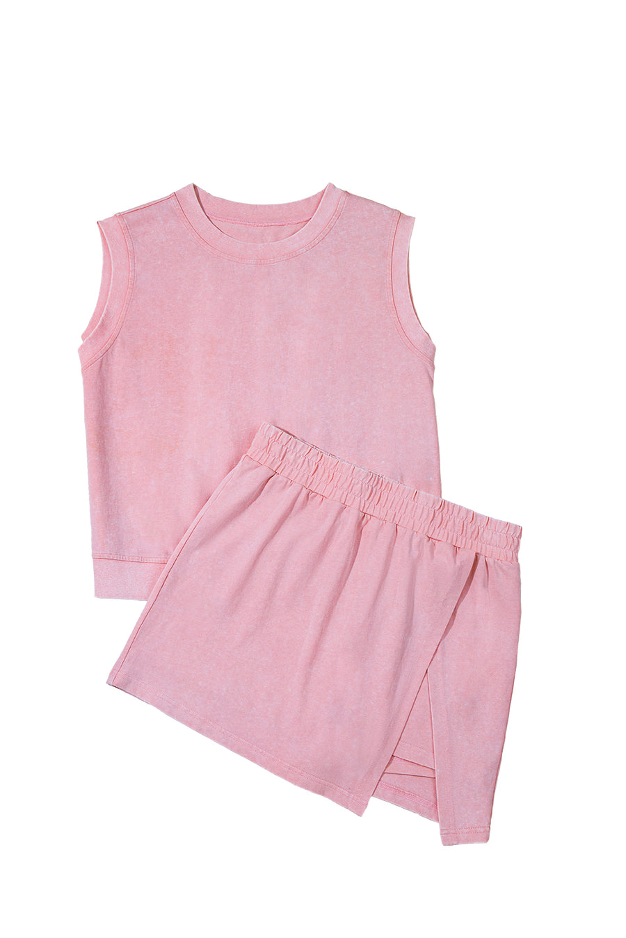 Yellow Cream Solid Color Washed Sleeveless Top Split Skort Cotton 2pcs Outfit