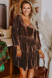 Chicory Coffee Velvet V-Neck Long Sleeve Tiered Mini Dress
