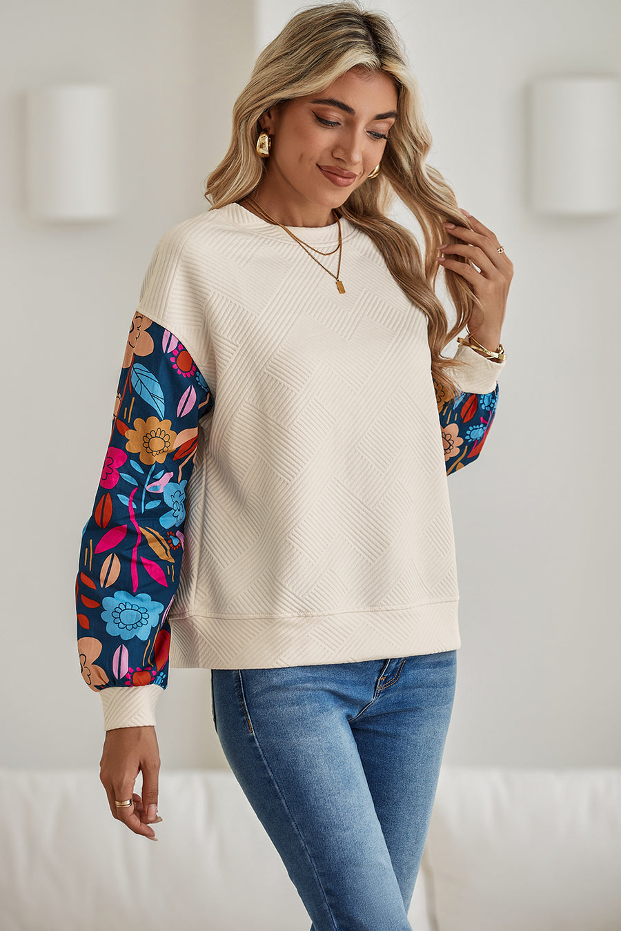 Floral Patchwork Sleeve Textured Sweatshirt