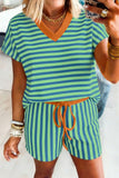 Striped Contrast Trim V-Neck T-Shirt and Drawstring Elastic Waist Shorts Set- 4 Colors