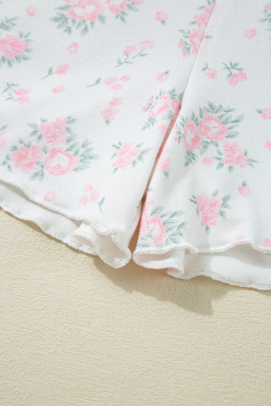 Pink Floral Print Lettuce Trim Short Sleeve Top and Shorts Pajama Set