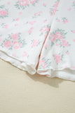 Pink Floral Print Lettuce Trim Short Sleeve Top and Shorts Pajama Set